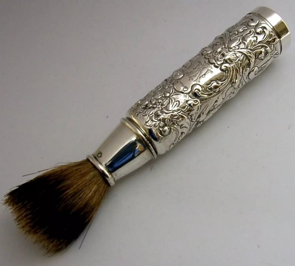 BEAUTIFUL VICTORIAN STERLING SILVER TRAVELLING SHAVING BRUSH 1894 ANTIQUE BIRDS