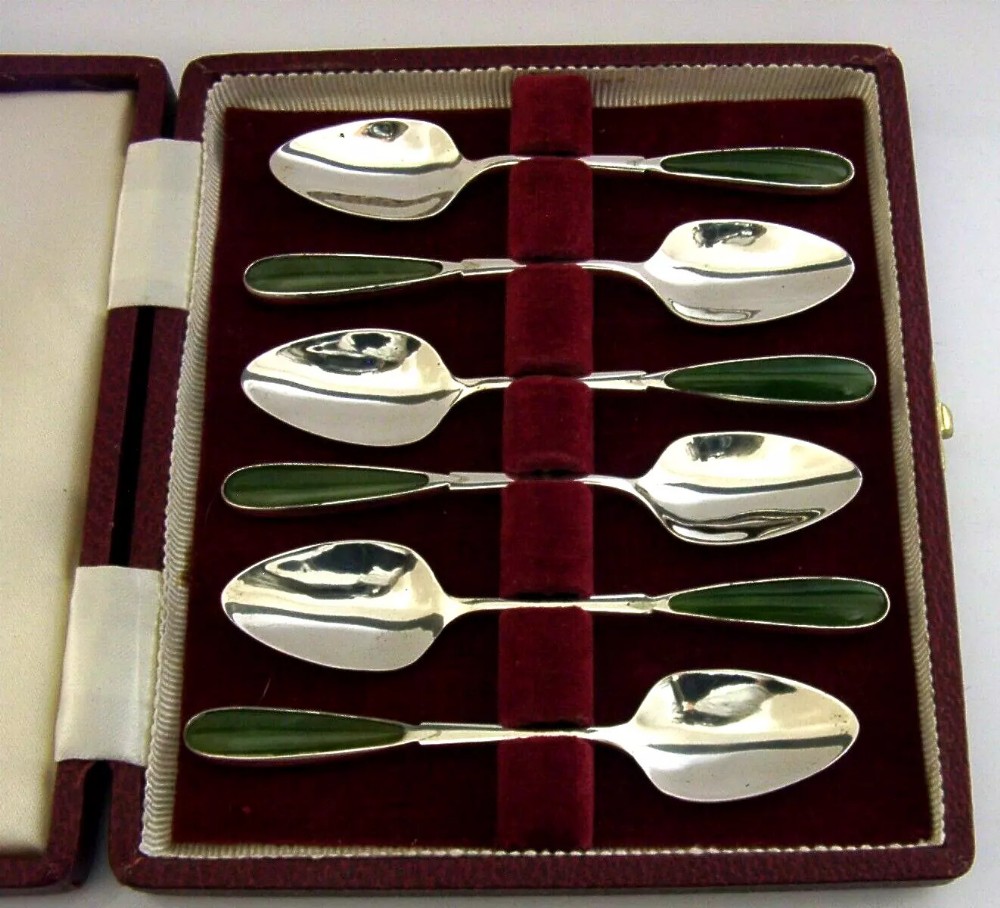 SIX MID CENTURY MODERN STERLING SILVER JADE SET SPOONS c1960 CASED, CHINESE ?