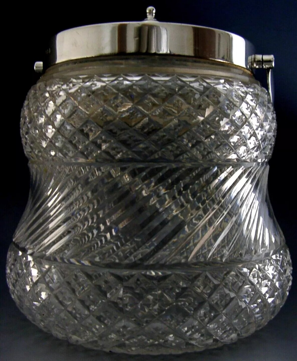 ENGLISH 870g STERLING SILVER CUT GLASS BISCUIT BARREL CANDY JAR 1907 ANTIQUE