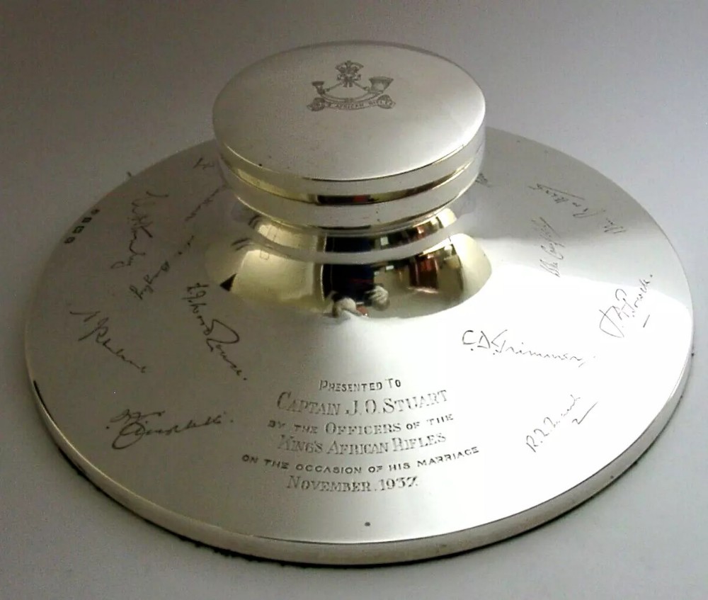 LARGE RARE STERLING SILVER MILITARY INKWELL KINGS AFRICAN RIFLES 1937 1kg 8+inch