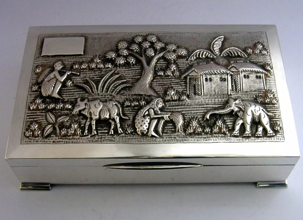 SUPERB ANGLO INDIAN STERLING SILVER TABLE CIGARETTE CIGAR BOX c1920 ANTIQUE450g