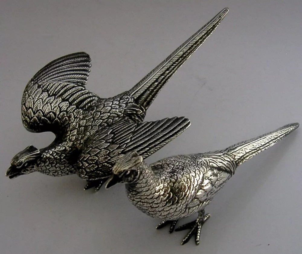 QUALITY ENGLISH SILVER PLATED TABLE PHEASANTS BIRDS c1950s ANIMALS SHOOTING 720g