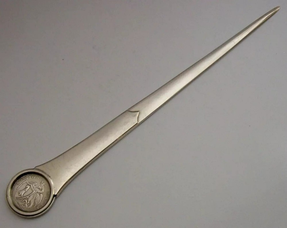 QUALITY SWISS SOLID SILVER 5 BATZ COIN LETTER OPENER c1900 JEZLER 78g DESK ITEM