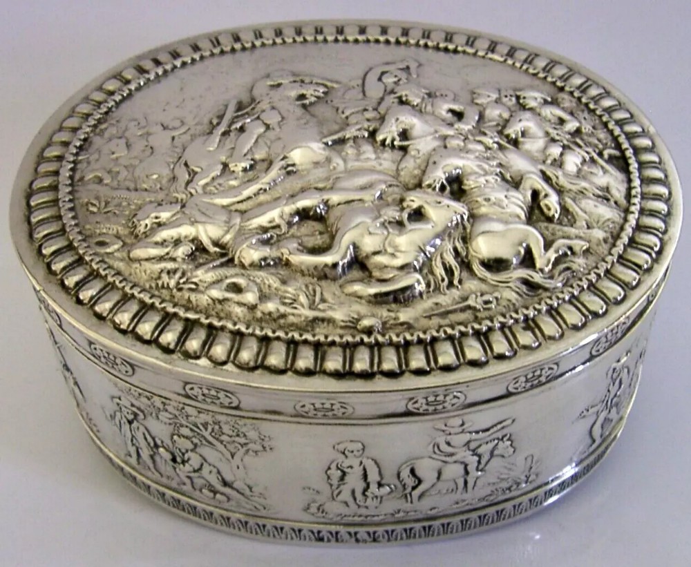 STUNNING STERLING SILVER BATTLE SCENE TABLE BOX 1910 ANTIQUE 126g MILITARY