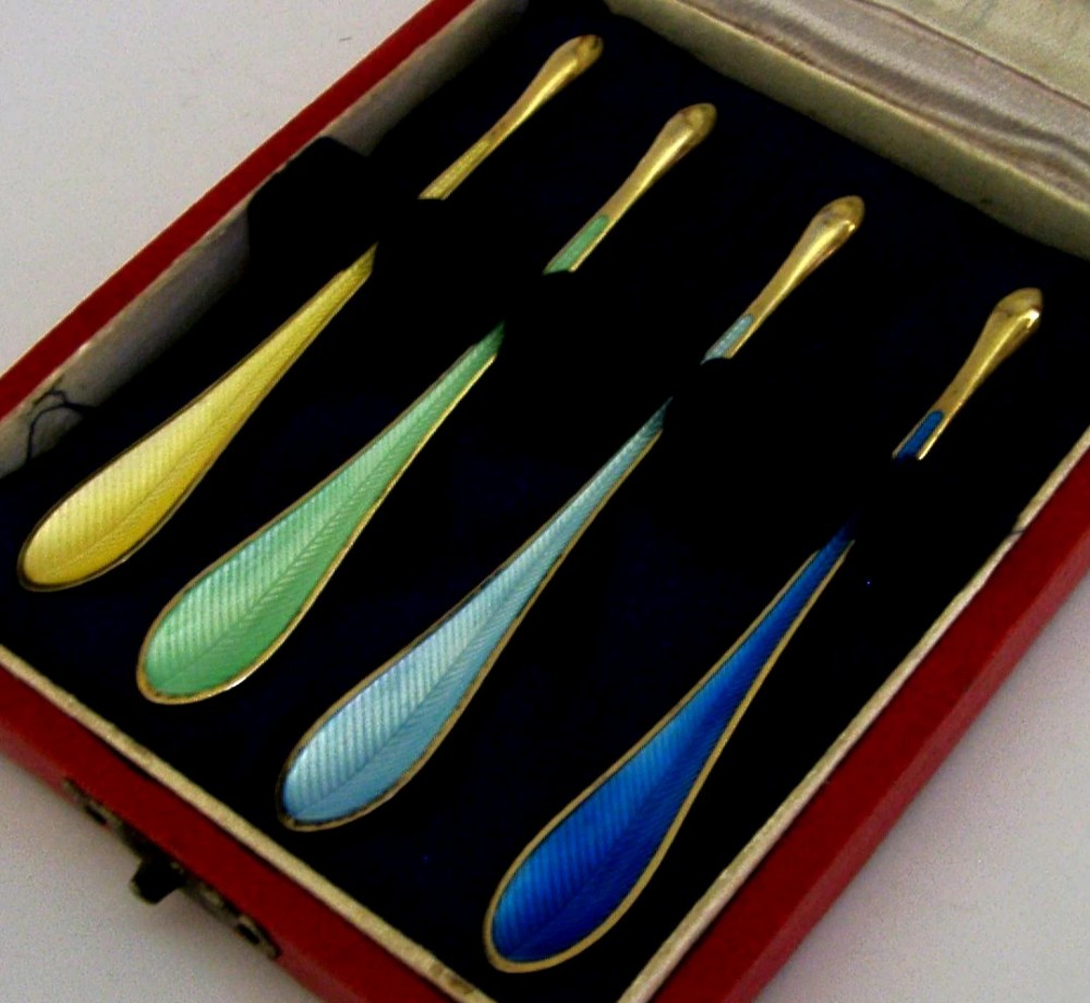 FOUR SUPERB DANISH STERLING SILVER GILT ENAMEL LOBSTER CRAB CAVIAR SCOOPS SPOONS 1960 View II