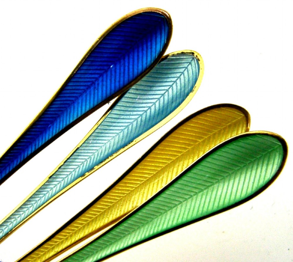 FOUR SUPERB DANISH STERLING SILVER GILT ENAMEL LOBSTER CRAB CAVIAR SCOOPS SPOONS 1960 View III