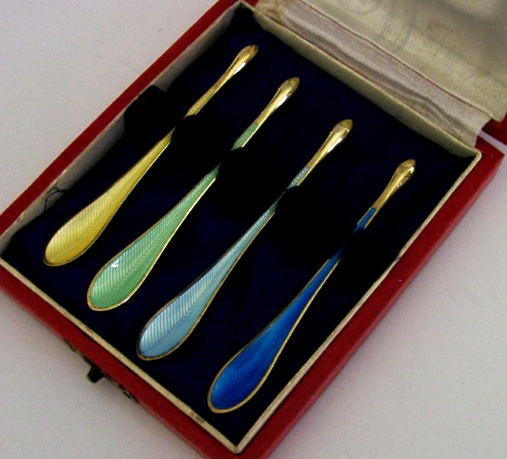 FOUR SUPERB DANISH STERLING SILVER GILT ENAMEL LOBSTER CRAB CAVIAR SCOOPS SPOONS 1960 View IV