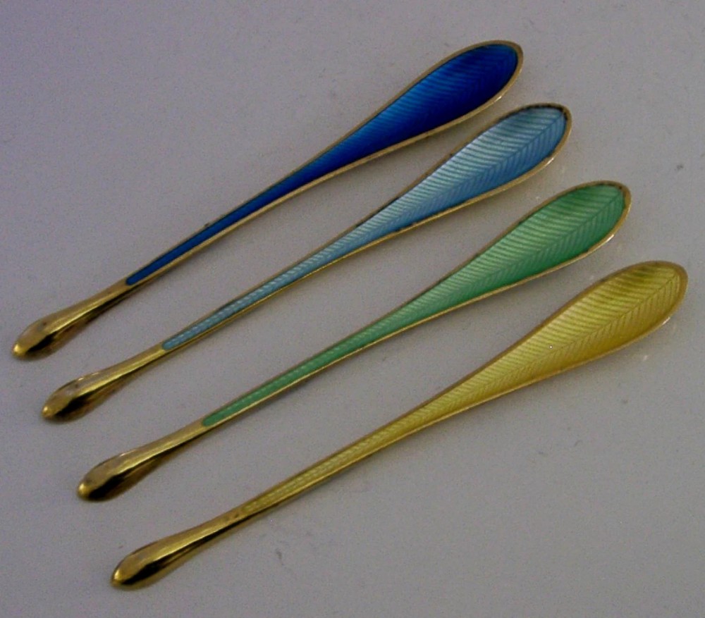 FOUR SUPERB DANISH STERLING SILVER GILT ENAMEL LOBSTER CRAB CAVIAR SCOOPS SPOONS 1960 View V