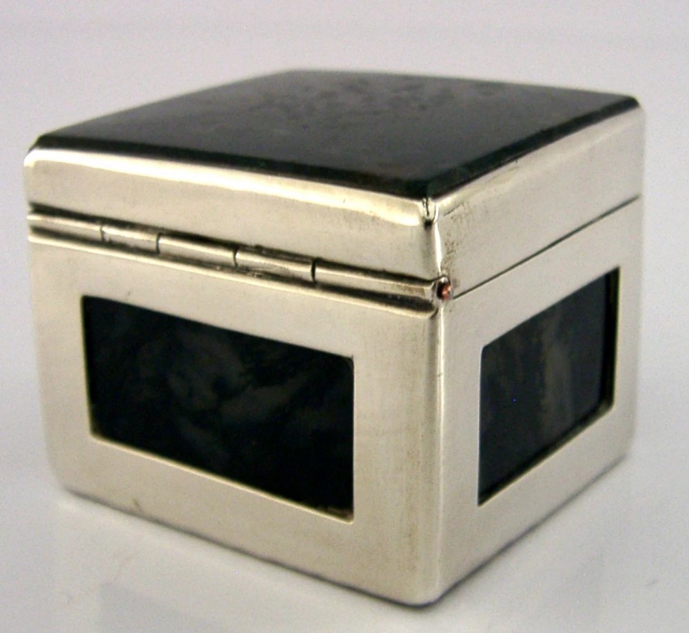 STUNNING INDIAN SOLID SILVER MOSS AGATE BOX c1920 ANTIQUE 78g View V