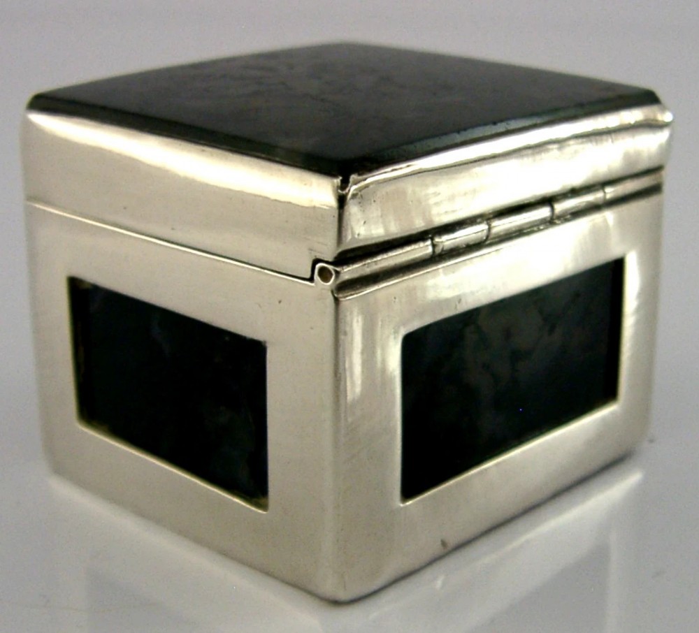 STUNNING INDIAN SOLID SILVER MOSS AGATE BOX c1920 ANTIQUE 78g View VI