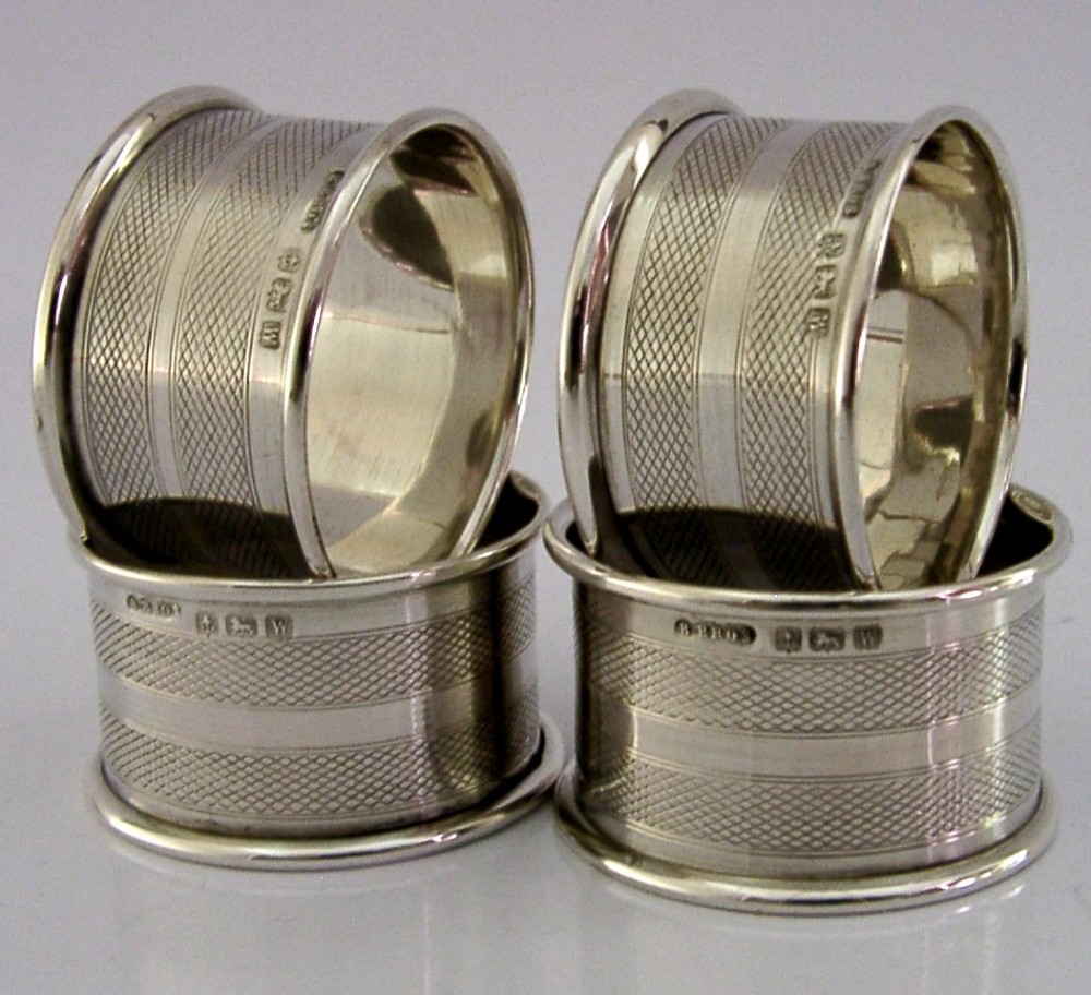 FOUR ENGLISH SOLID STERLING SILVER ENGINE TURNED NAPKIN RINGS 1921 ART DECO View IV