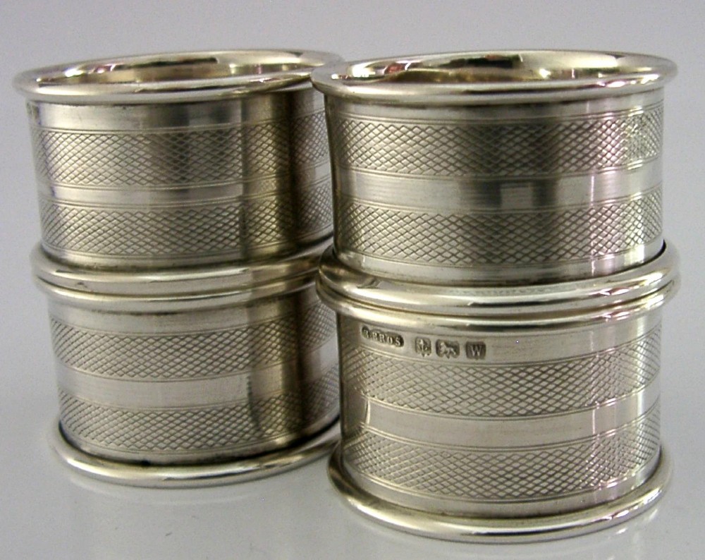 FOUR ENGLISH SOLID STERLING SILVER ENGINE TURNED NAPKIN RINGS 1921 ART DECO View VI