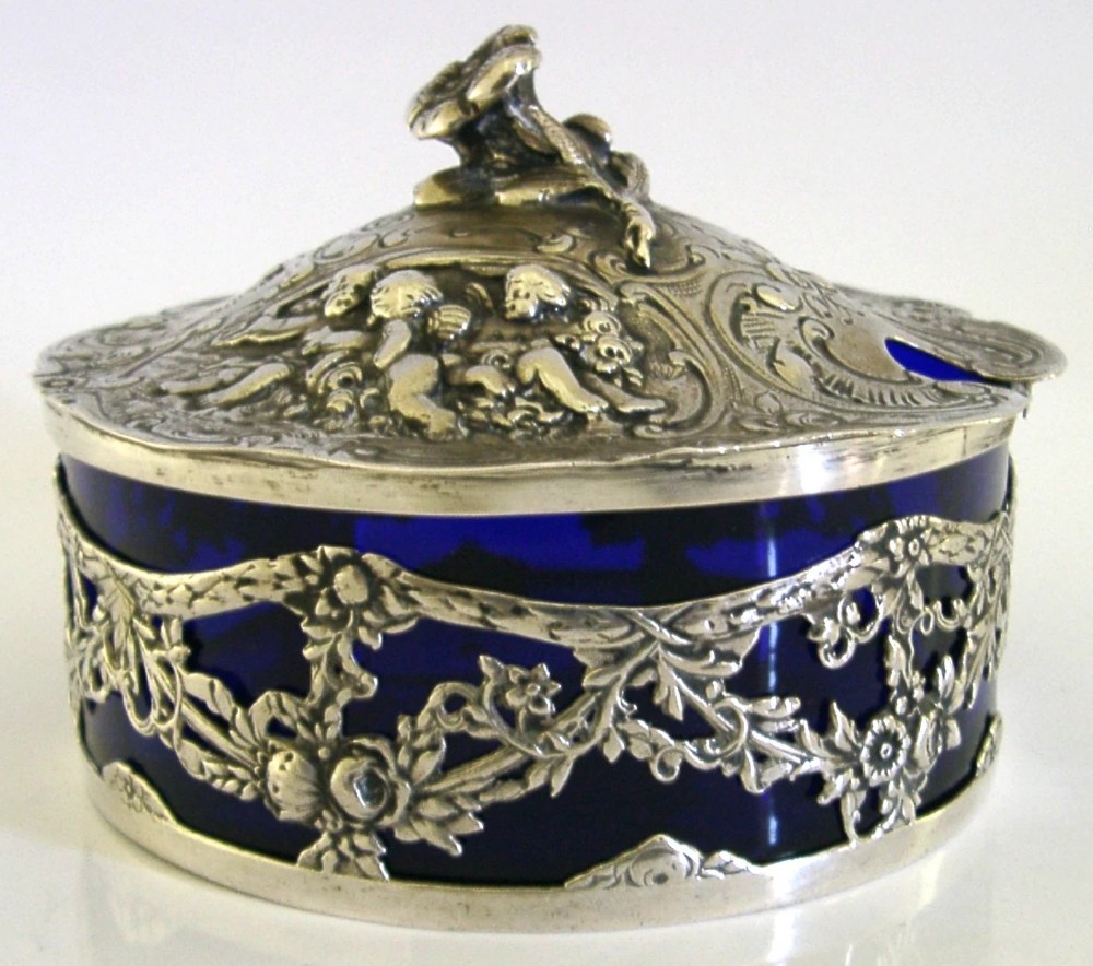 BEAUTIFUL GERMAN SOLID SILVER BLUE GLASS LINED DISH c1900 ANTIQUE 248g CHERUBS