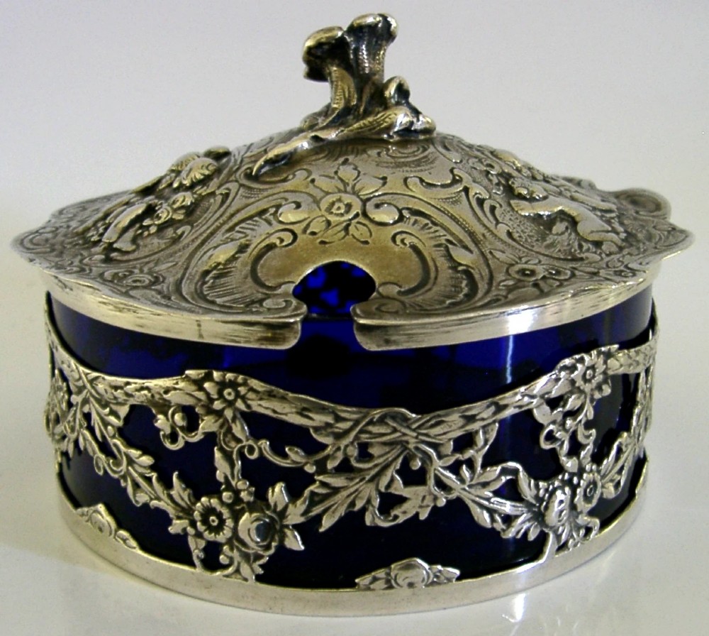 BEAUTIFUL GERMAN SOLID SILVER BLUE GLASS LINED DISH c1900 ANTIQUE 248g CHERUBS View II