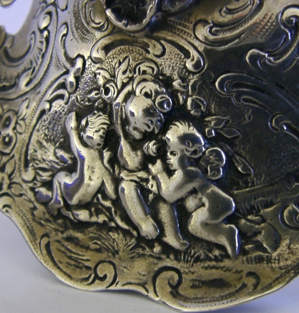 BEAUTIFUL GERMAN SOLID SILVER BLUE GLASS LINED DISH c1900 ANTIQUE 248g CHERUBS View IV
