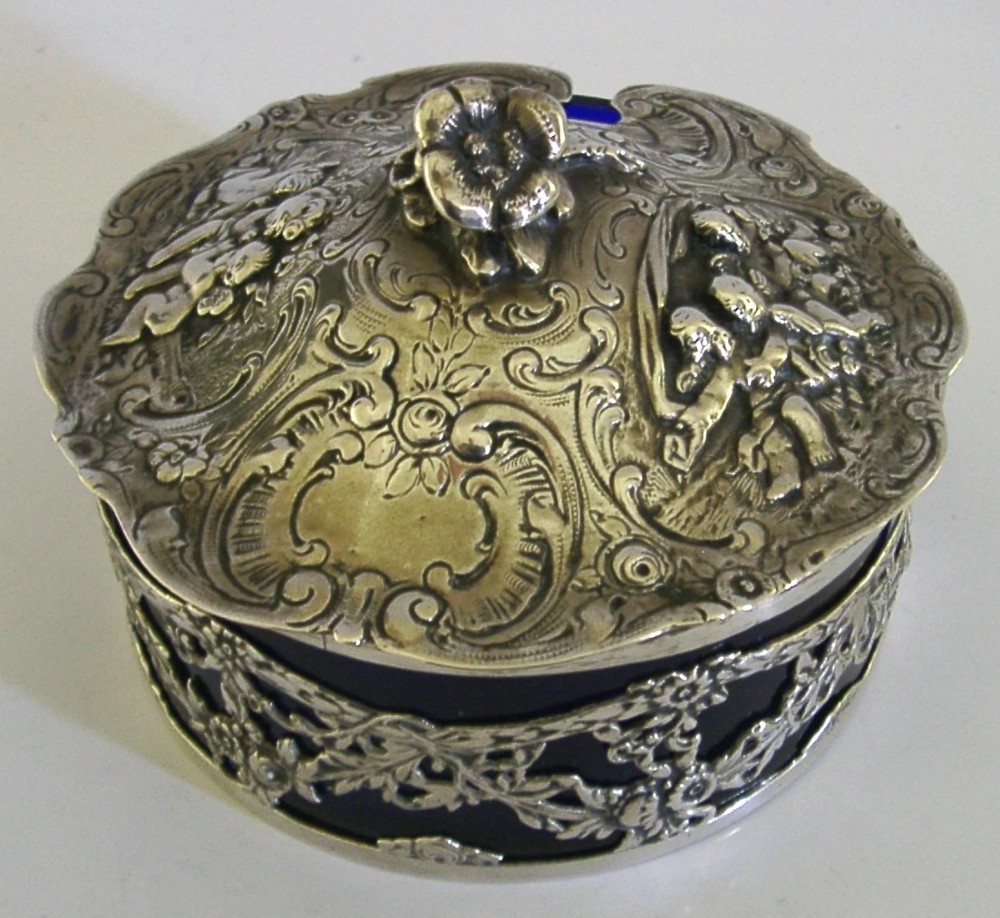 BEAUTIFUL GERMAN SOLID SILVER BLUE GLASS LINED DISH c1900 ANTIQUE 248g CHERUBS View V