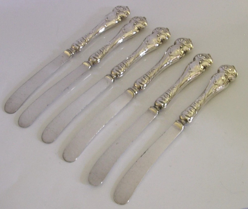 SIX STERLING SILVER HANDLED BUTTER SPREADERS ART NOUVEAU CUTTLERY 1903 CASED