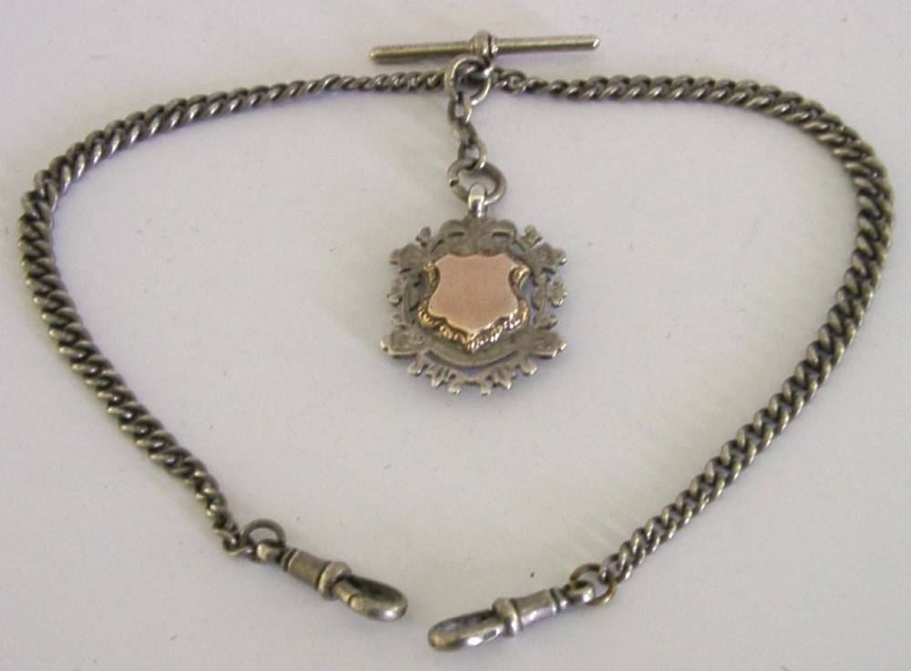 ENGLISH 42g SOLID STERLING SILVER WATCH CHAIN & FOB 1899 & 1905 ANTIQUE