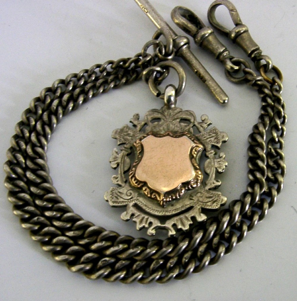ENGLISH 42g SOLID STERLING SILVER WATCH CHAIN & FOB 1899 & 1905 ANTIQUE View II