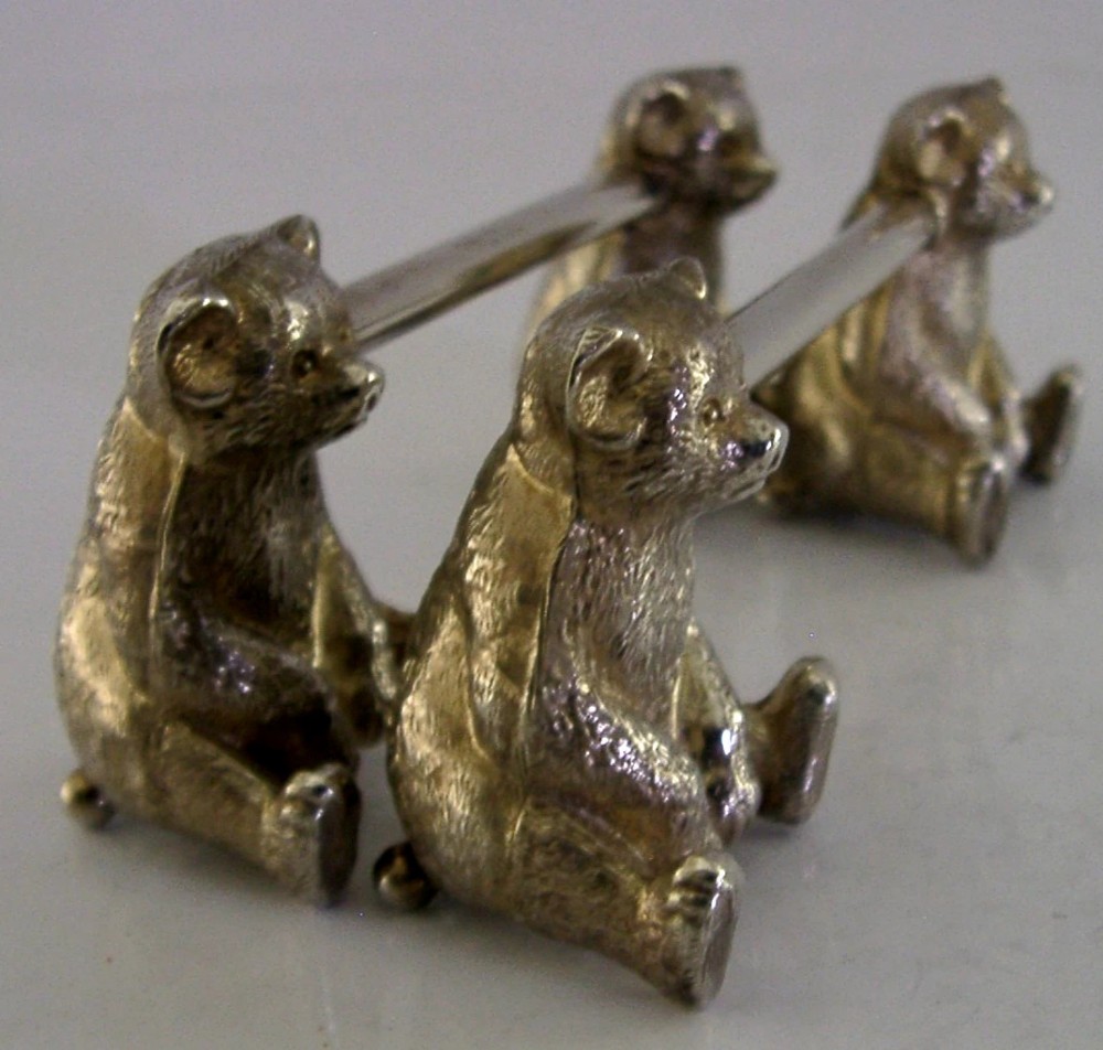 NOVELTY STERLING SILVER TEDDY BEAR CUTLERY RESTS 1910 ANIMALS ENGLISH ANTIQUES View II