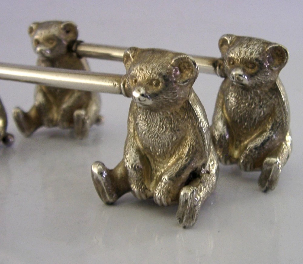 NOVELTY STERLING SILVER TEDDY BEAR CUTLERY RESTS 1910 ANIMALS ENGLISH ANTIQUES View IV