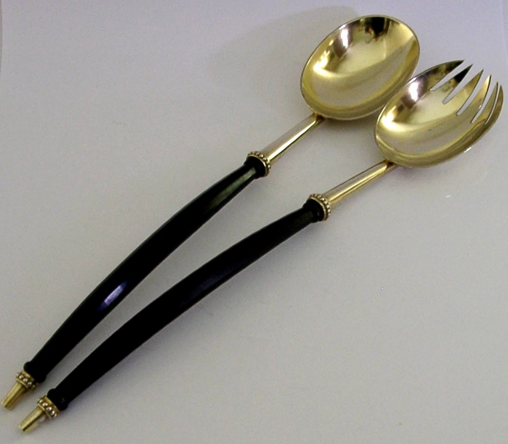 HUGE STUNNING ENGLISH ANTIQUE STERLING SILVER GILT SALAD SERVERS 1880 VICTORIAN