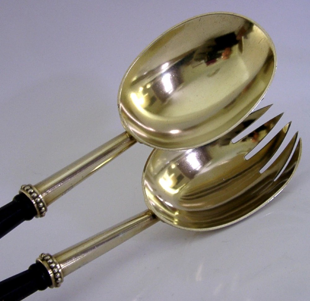 HUGE STUNNING ENGLISH ANTIQUE STERLING SILVER GILT SALAD SERVERS 1880 VICTORIAN View II