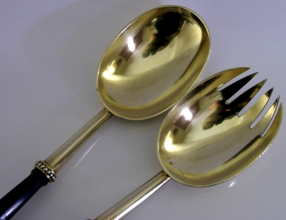 HUGE STUNNING ENGLISH ANTIQUE STERLING SILVER GILT SALAD SERVERS 1880 VICTORIAN View III