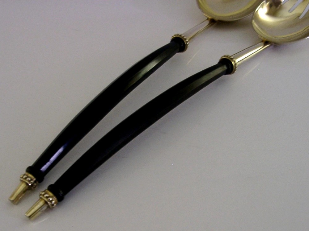 HUGE STUNNING ENGLISH ANTIQUE STERLING SILVER GILT SALAD SERVERS 1880 VICTORIAN View IV
