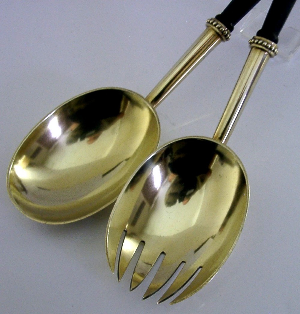 HUGE STUNNING ENGLISH ANTIQUE STERLING SILVER GILT SALAD SERVERS 1880 VICTORIAN View V