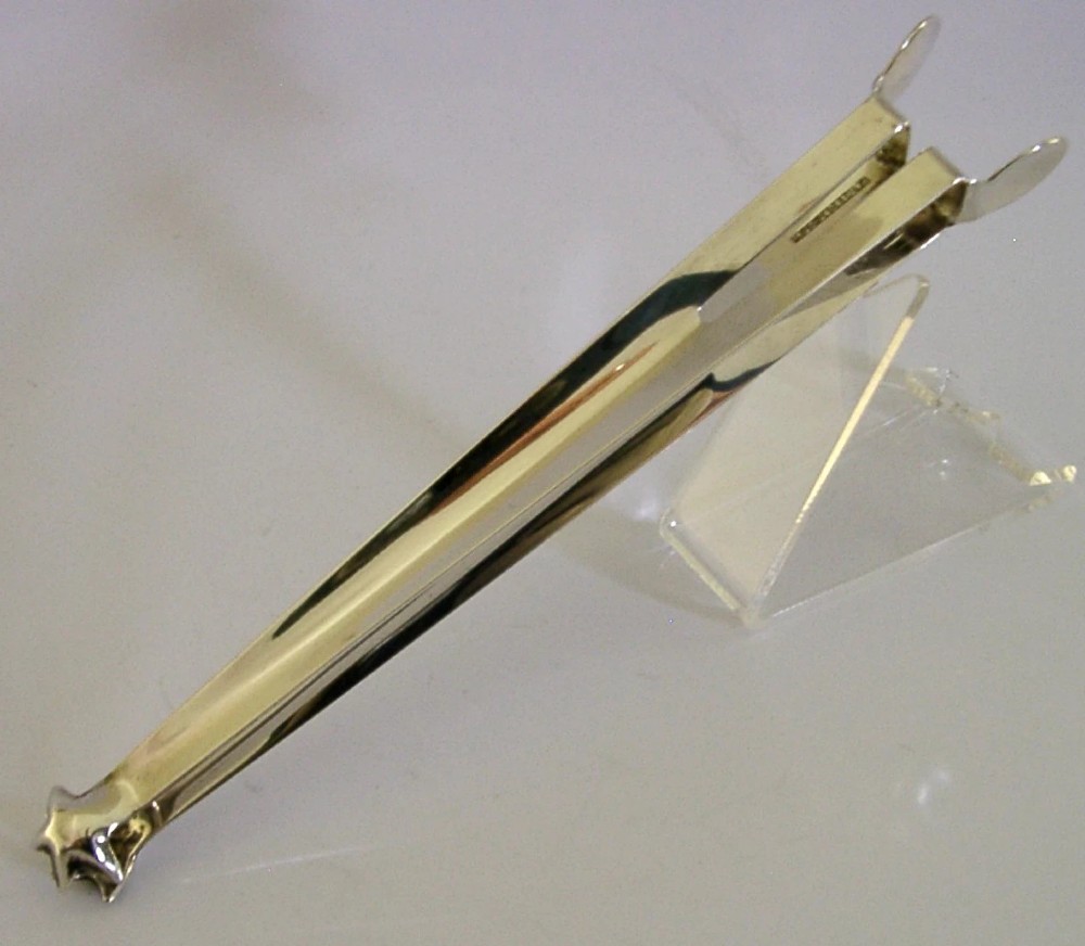 UNUSUAL LONG 50g SQUEEZE ACTION STERLING SILVER ICE TONGS 1909 ANTIQUE BARWARE
