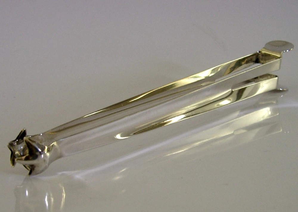 UNUSUAL LONG 50g SQUEEZE ACTION STERLING SILVER ICE TONGS 1909 ANTIQUE BARWARE View II