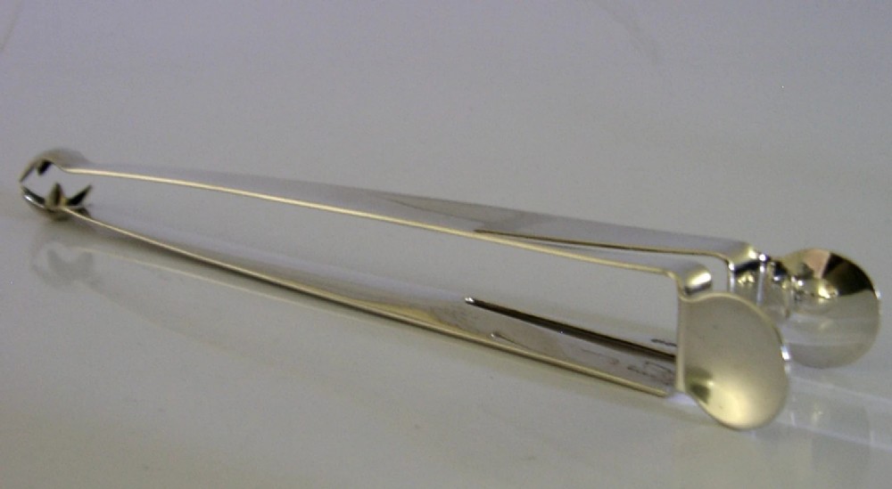 UNUSUAL LONG 50g SQUEEZE ACTION STERLING SILVER ICE TONGS 1909 ANTIQUE BARWARE View V