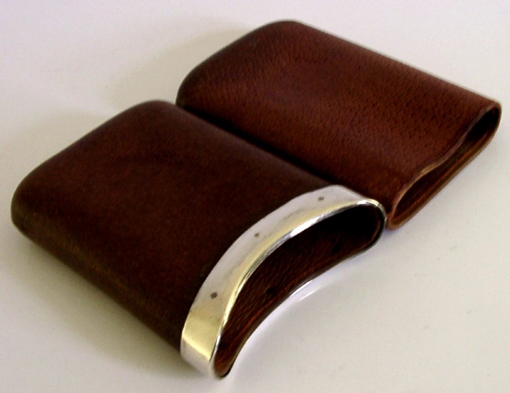 VICTORIAN 1890 LEATHER STERLING SILVER CIGAR CASE ANTIQUE View III