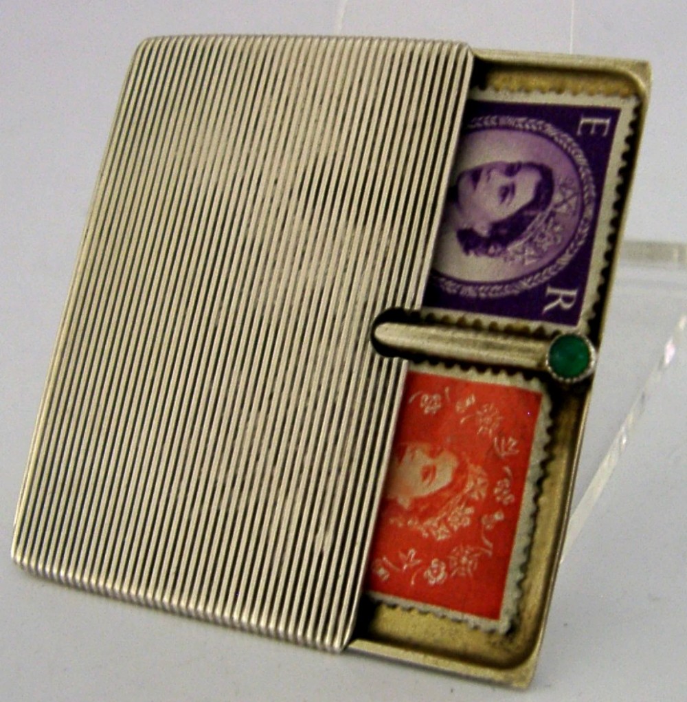 PRETTY 800 SOLID SILVER STAMP CASE HOLDER c1910 GREEN STONE SET DESK ANTIQUE