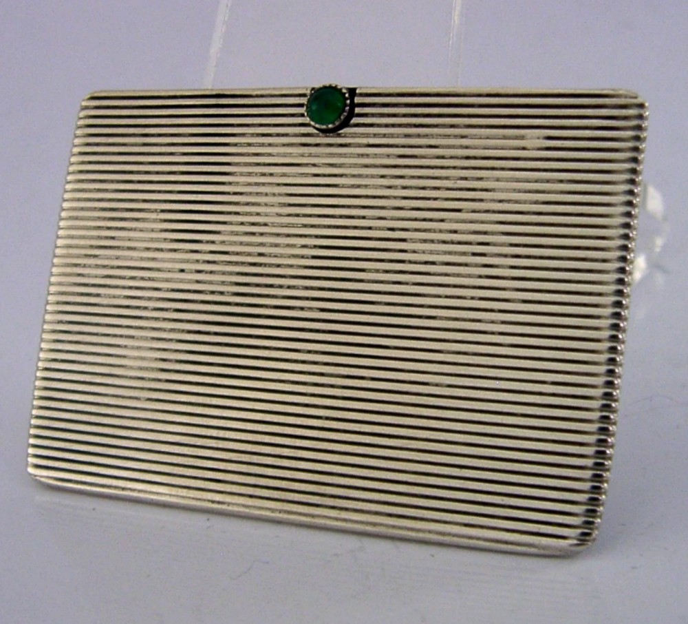 PRETTY 800 SOLID SILVER STAMP CASE HOLDER c1910 GREEN STONE SET DESK ANTIQUE View II