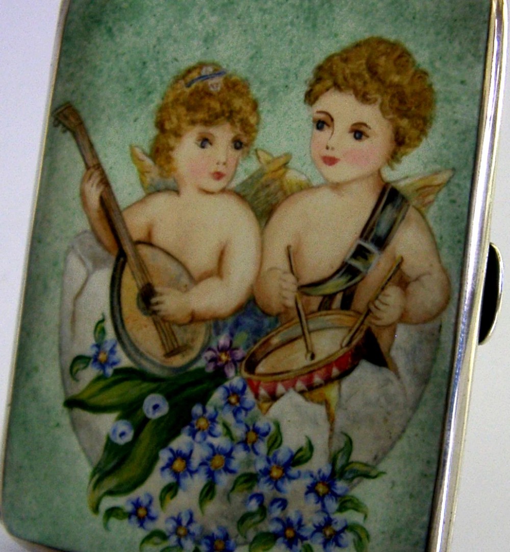 RARE STERLING SILVER ENAMEL MUSICAL CHERUBS in EGG CIGARETTE CASE 1921 ANTIQUE View II