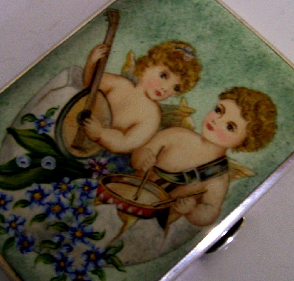 RARE STERLING SILVER ENAMEL MUSICAL CHERUBS in EGG CIGARETTE CASE 1921 ANTIQUE View III