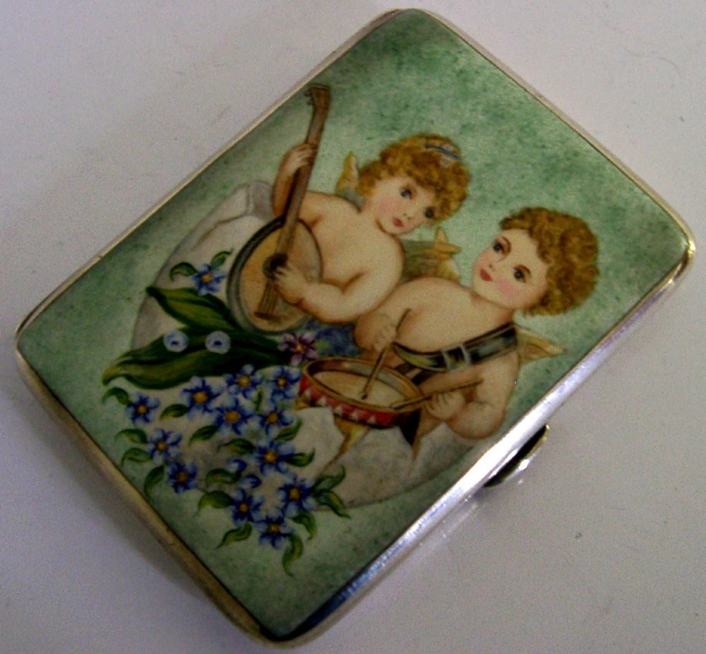 RARE STERLING SILVER ENAMEL MUSICAL CHERUBS in EGG CIGARETTE CASE 1921 ANTIQUE View IV