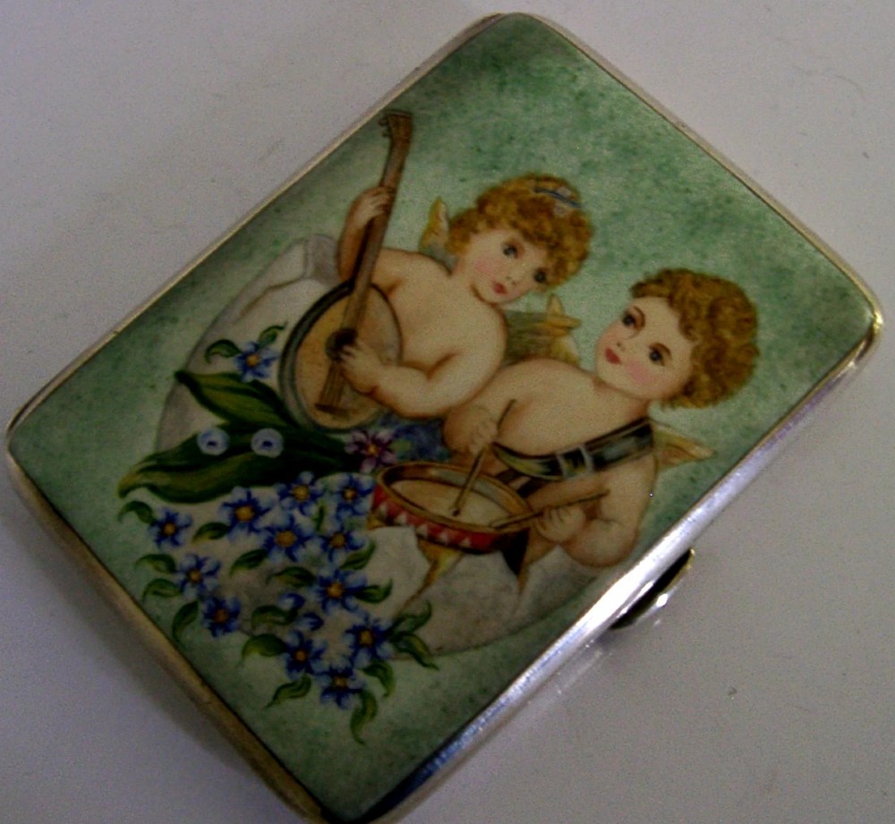 RARE STERLING SILVER ENAMEL MUSICAL CHERUBS in EGG CIGARETTE CASE 1921 ANTIQUE View V