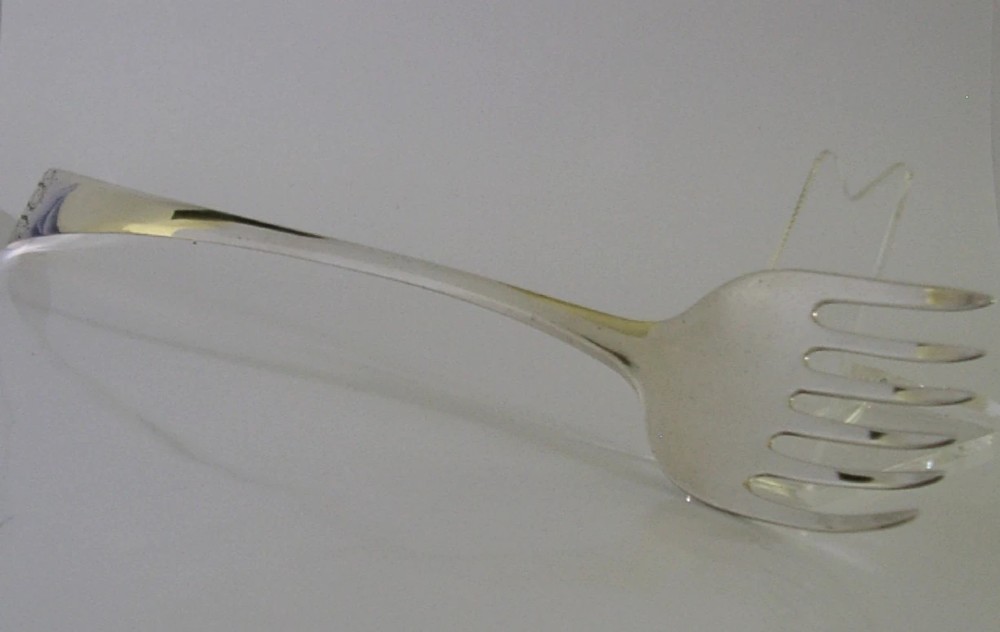 RARE HUGE 11+ inch ENGLISH GEORGIAN STERLING SILVER SERVING FORK 1776 ANTIQUE View V