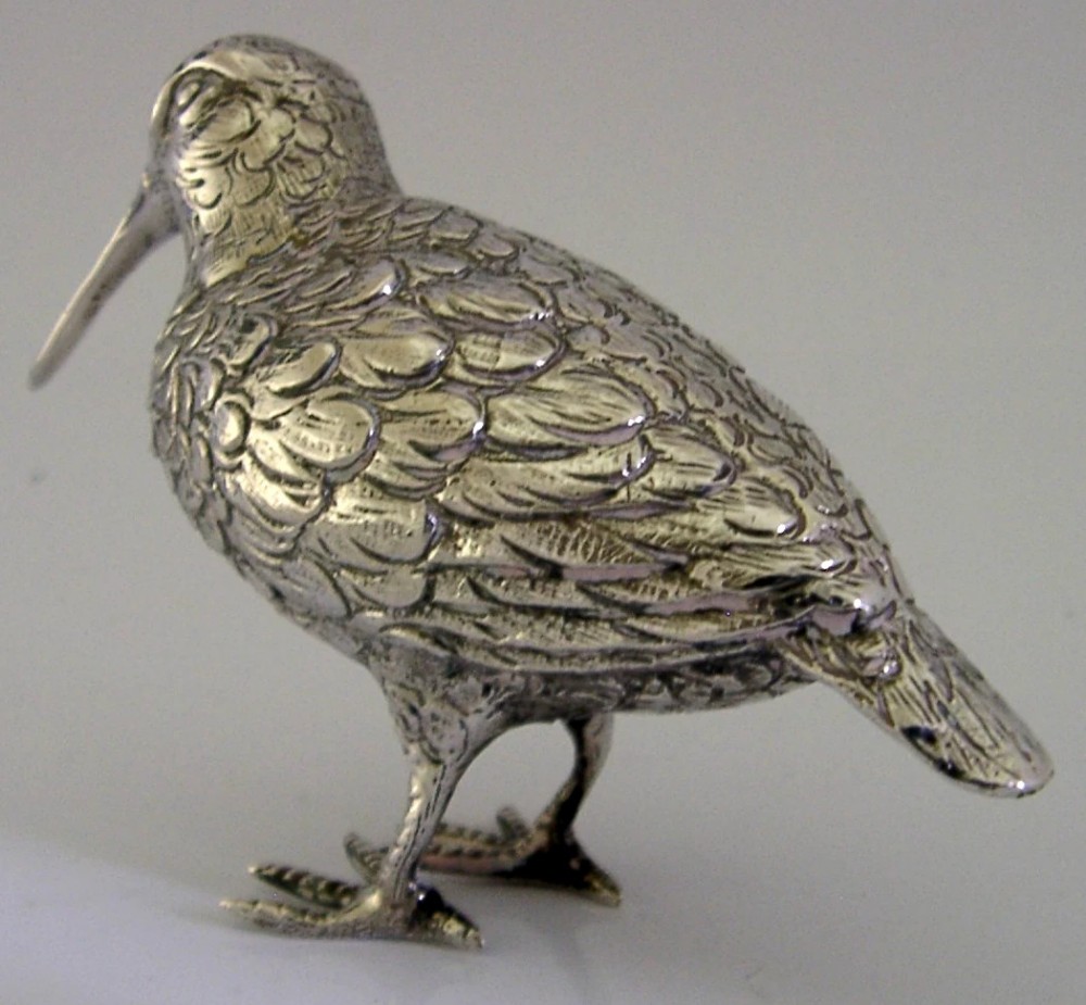 An 830 silver figurine of a woodcock featuring detailed feather chasing and a long slender beak. View VII