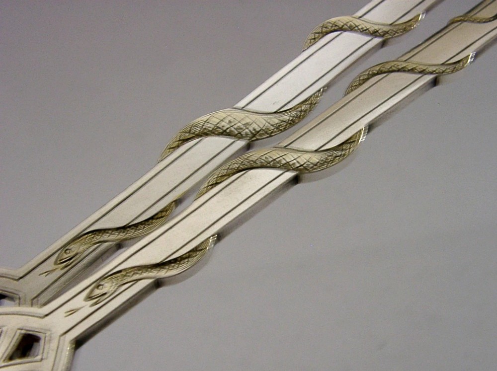 A pair of Victorian silver-plated serving spoons featuring handles entwined with relief-moulded snakes and engraved oval bowls with gilded borders. View III