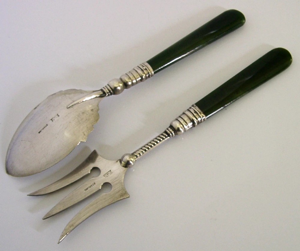 RARE NEW ZEALAND STERLING SILVER JADE JAM SPOON / BREAD or PICKLE FORK c1910 View VI