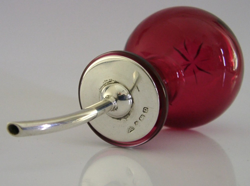 RARE STERLING SILVER CRANBERRY GLASS BITTERS BOTTLE 1928 ANTIQUE BARWARE