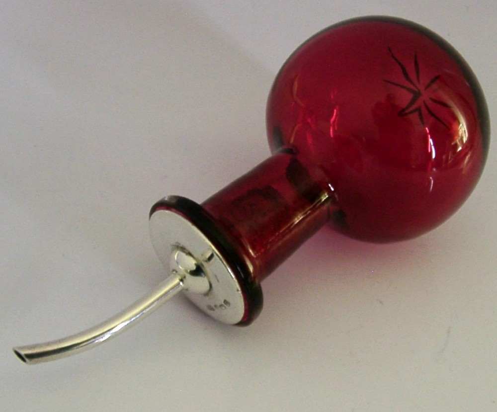RARE STERLING SILVER CRANBERRY GLASS BITTERS BOTTLE 1928 ANTIQUE BARWARE View IV