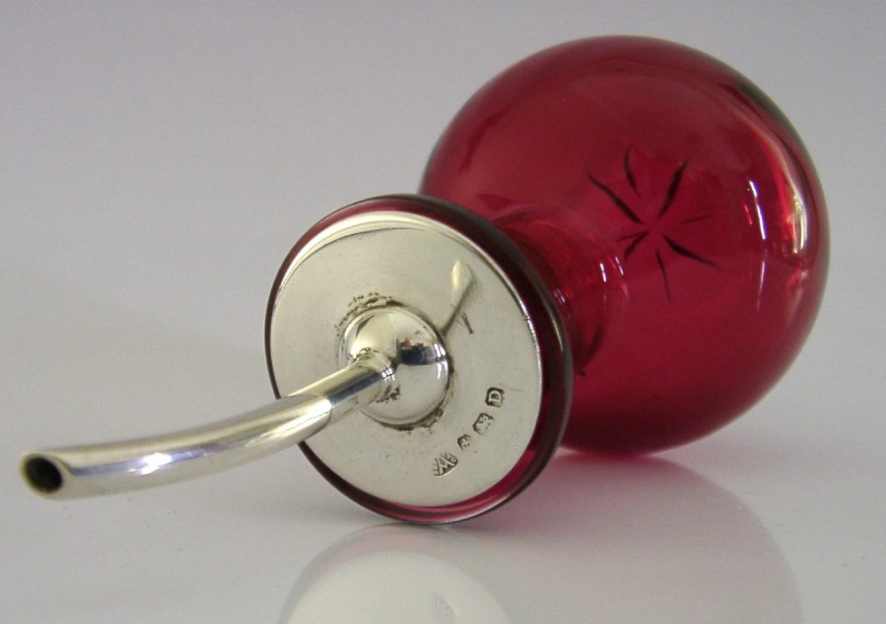 RARE STERLING SILVER CRANBERRY GLASS BITTERS BOTTLE 1928 ANTIQUE BARWARE View VI