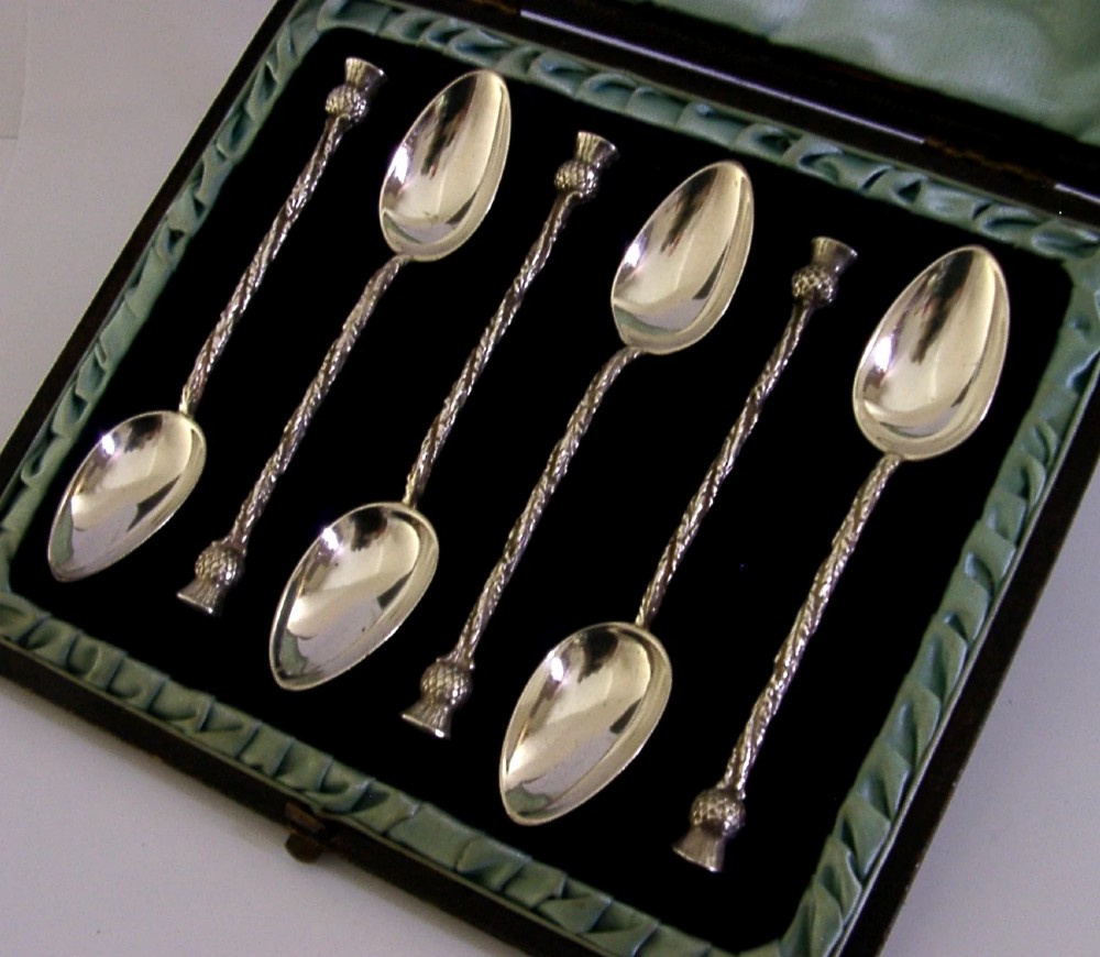 GLASGOW EXHIBITION STERLING SILVER SCOTTISH THISTLE SPOONS 1885 CASED ANTIQUE