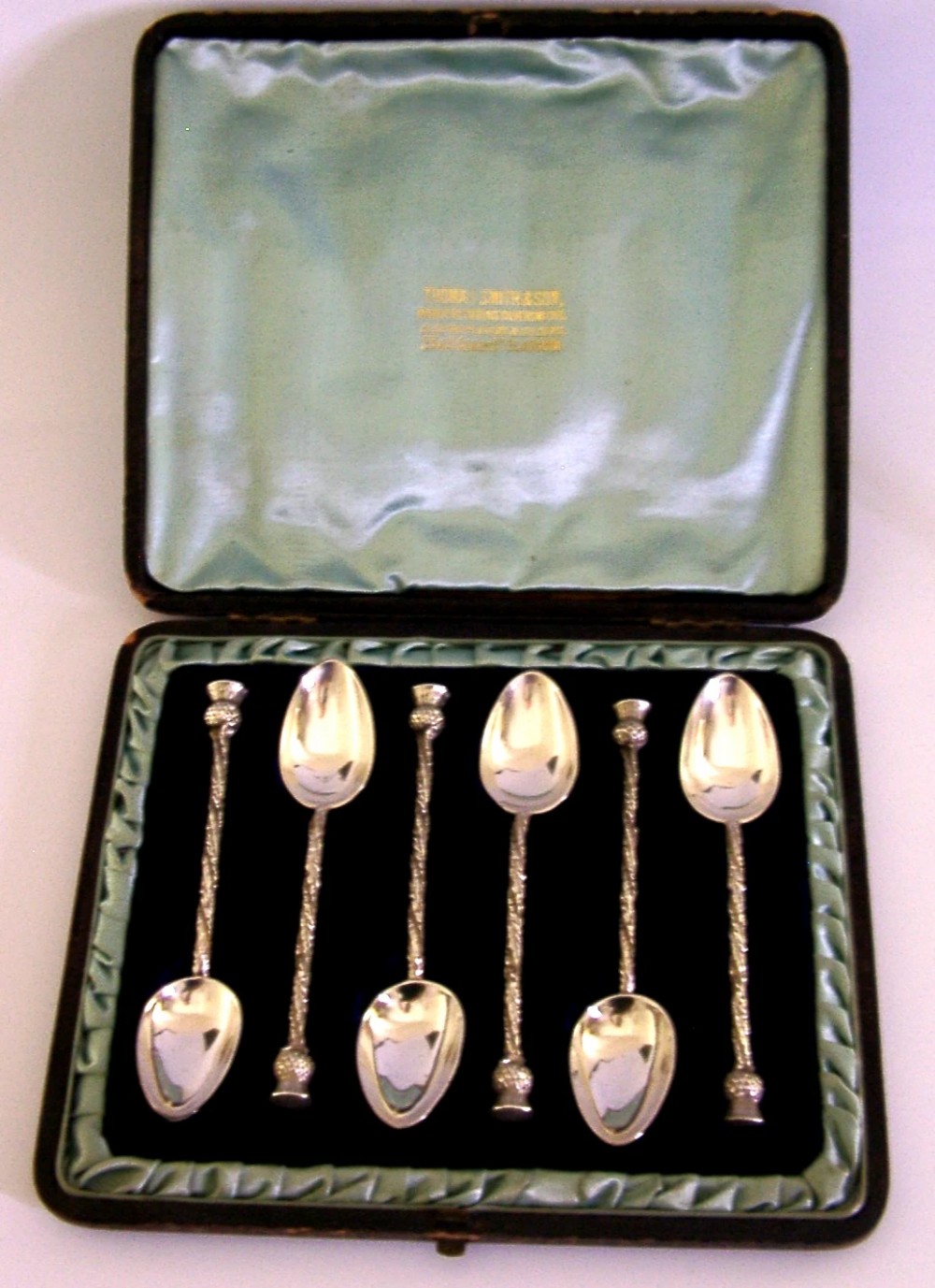 GLASGOW EXHIBITION STERLING SILVER SCOTTISH THISTLE SPOONS 1885 CASED ANTIQUE View II