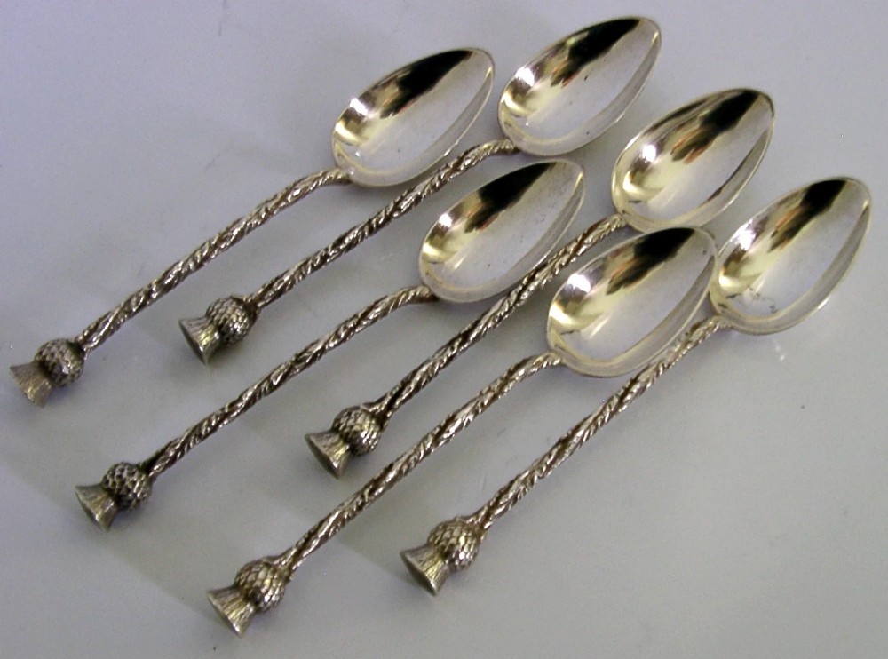 GLASGOW EXHIBITION STERLING SILVER SCOTTISH THISTLE SPOONS 1885 CASED ANTIQUE View IV